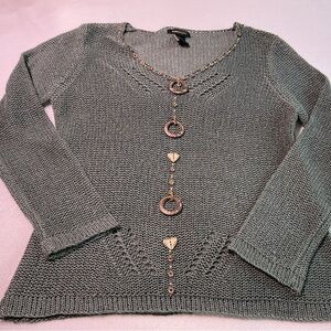BCBGMaxAzria Gray V-Neck Sweater with Decorative Accents